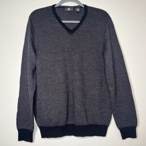 Calvin Klein Mens V-Neck Herringbone Sweater Merino Wool Blend Charcoal Grey M